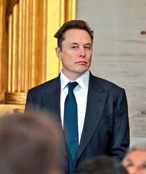 A portrait of Elon Musk wearing a dark suit with a blue tie, standing in front of ornate golden columns.