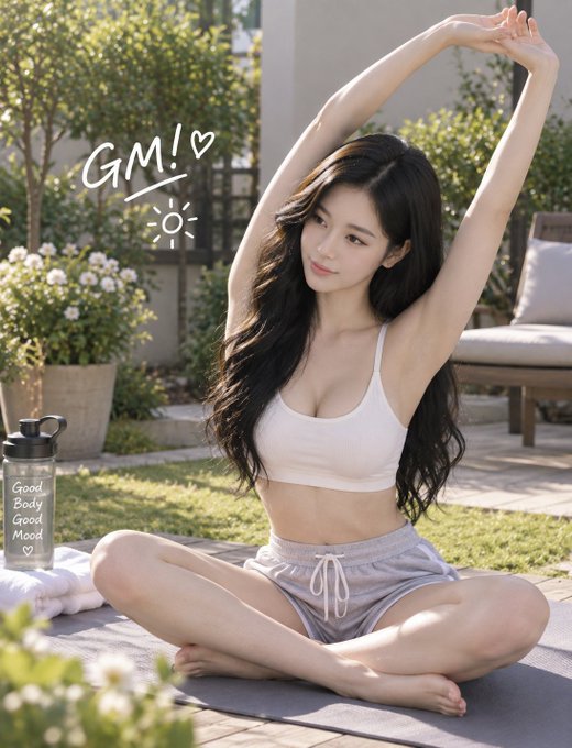 A woman in athletic wear (white sports bra and gray shorts) doing a morning stretch on a yoga mat in a garden setting, with 'GM!' and a heart doodle, and a water bottle labeled 'Good Body Good Mood'.