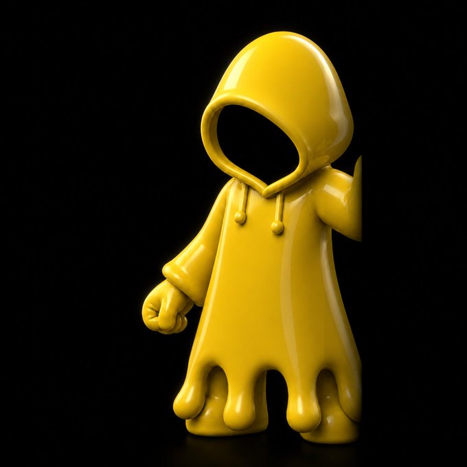 A faceless, glossy yellow hooded figure with a melted, dripping base stands against a stark black background, embodying the quiet yet bold presence suggested by the post. The character’s mysterious, featureless design mirrors the idea of standing out through timing and innovation, aligning with the mention of @tipmotion and @motiontip building something meaningful with $MOTION.