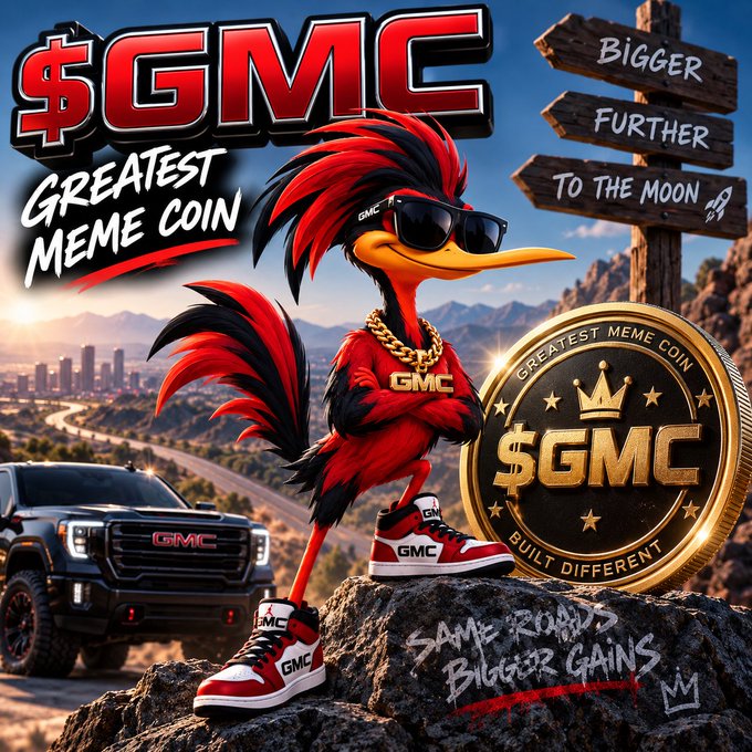 A promotional graphic featuring a stylized red and black cartoon bird mascot wearing sunglasses and gold chains, standing on a rock next to a GMC truck and a gold '$GMC Greatest Meme Coin' medallion, with signs reading 'BIGGER', 'FURTHER', and 'TO THE MOON'.