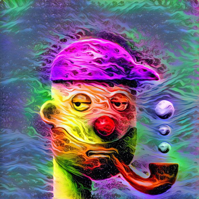A vibrant, psychedelic digital artwork depicting a melting clown-like face with a red nose, smoking a pipe, surrounded by colorful swirling patterns and floating bubbles.