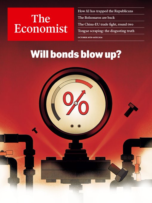The Economist magazine cover dated October 25th-31st 2026 with the headline "Will bonds blow up?" featuring an illustration of a pressure gauge at maximum percentage.