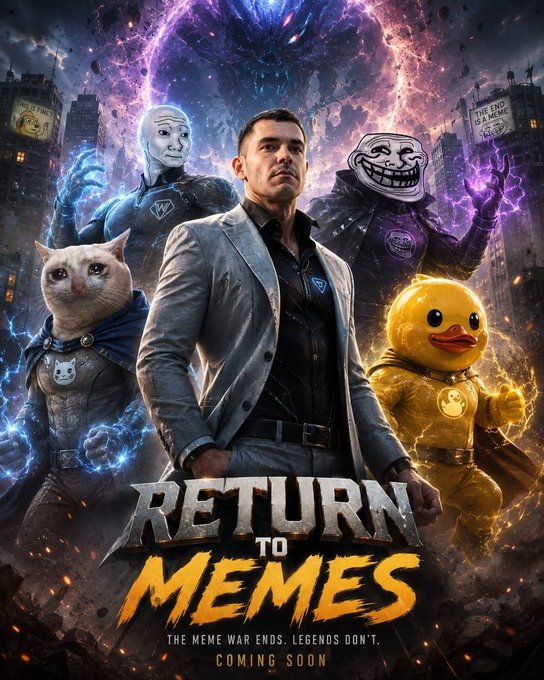 Movie-style poster titled 'RETURN TO MEMES' featuring a man in a suit flanked by characters including a cat in armor, a doge in a yellow suit, and trollface, with the tagline 'The meme war ends. Legends don't.'