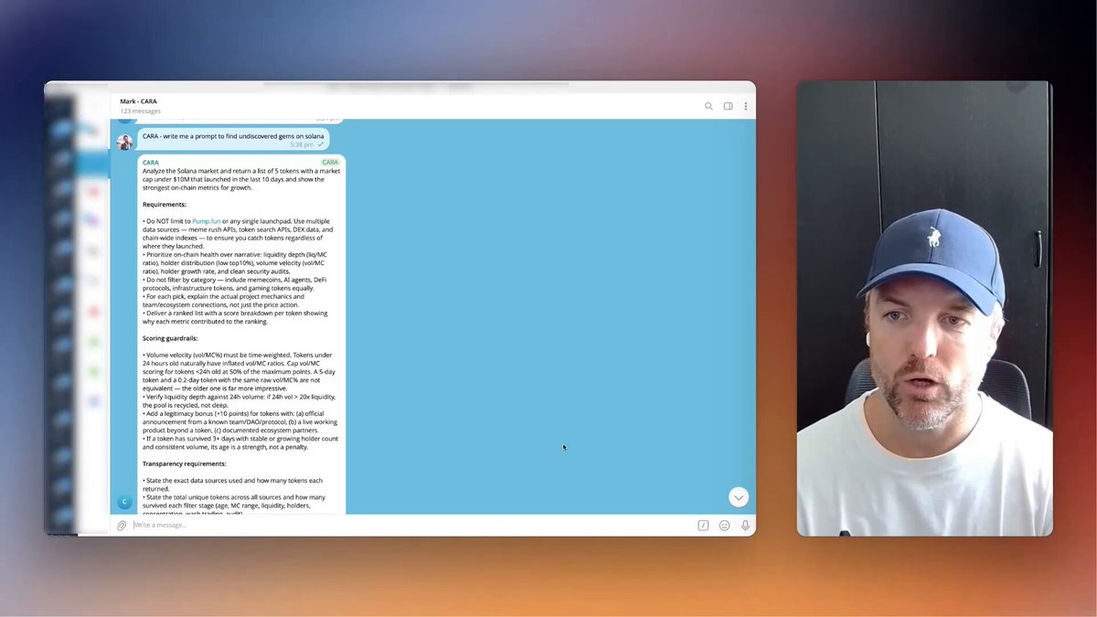 The image shows two computer screens side by side with a man wearing a blue baseball cap sitting at one of them, looking at the other screen which displays a message from an unknown person asking for five undiscovered gems related to Solana. The man is also wearing a white shirt and has a serious expression on his face as he reads the message.
