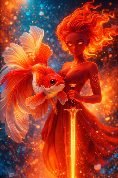 A fantasy digital illustration of a red-haired woman holding a glowing sword next to a large orange and white fish against a cosmic background.