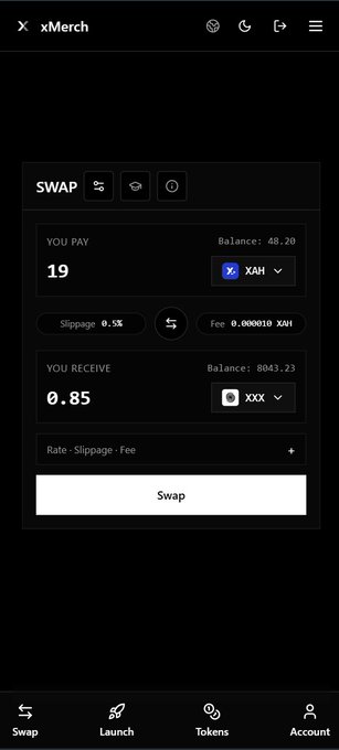A mobile screenshot of the xMerch swap interface showing a token exchange of 19 XAH for 0.85 XOX, with a 0.5% slippage and 0.000010 XAH fee.