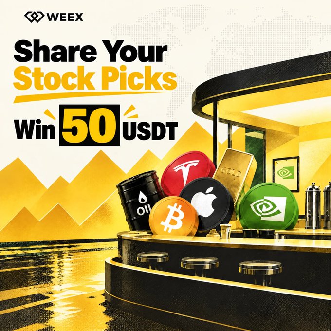 A Weex promotional graphic offering a chance to 'Win 50 USDT' by sharing stock picks, featuring 3D rendered coins with Bitcoin, Apple, Oil, Tesla, Gold, and NVIDIA logos.