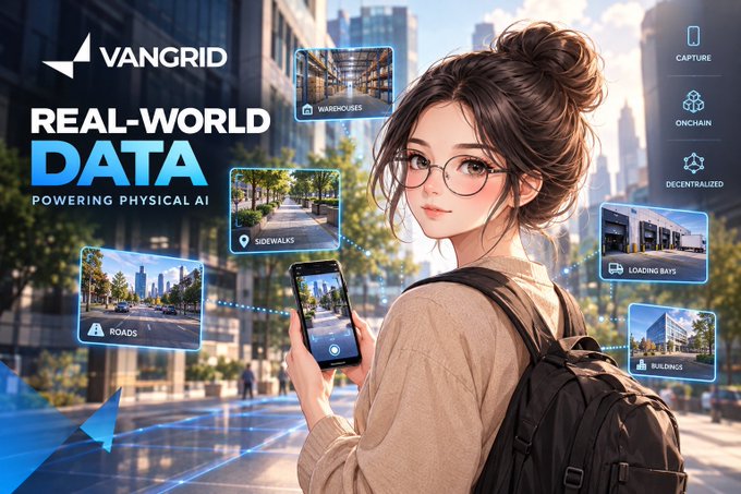 An anime-style illustration of a young woman with glasses holding a phone, with the text 'VANGRID REAL-WORLD DATA POWERING PHYSICAL AI' and labels including 'WAREHOUSES', 'SIDEWALKS', 'ROADS', 'LOADING BAYS', and 'BUILDINGS'.