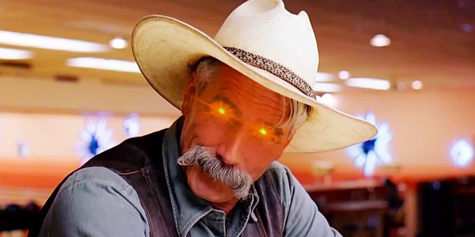 A close-up of an older man with a gray mustache wearing a white cowboy hat and vest, with glowing orange eyes on an orange-tinted background.