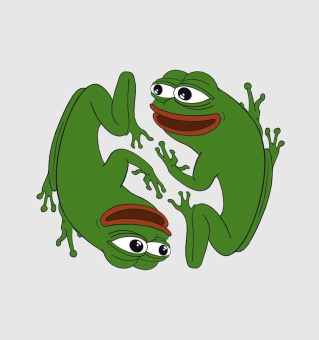 An illustration of two green Pepe the Frog characters arranged in a circular yin-yang style composition on a gray background.