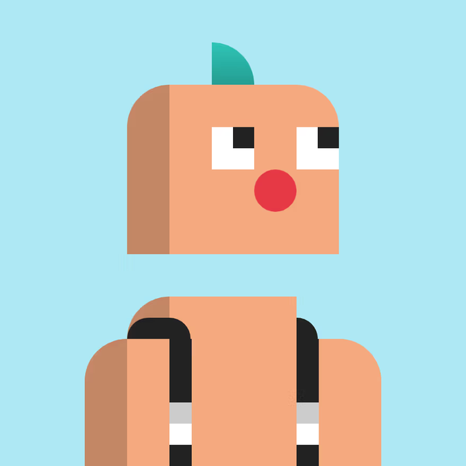 A simple, minimalist digital illustration of a blocky, pixel-art style character with a tan square head, mismatched eyes, a red circular nose/mouth, and a small green leaf-like sprout on top, against a light blue background.