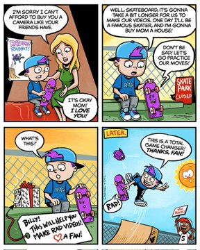 A four-panel comic where a boy named Billy apologizes to a girl at a skate park, asks her to help him make skateboarding videos for YouTube, writes a sign saying 'BILLY! THIS WILL HELP ME MAKE EPIC VIDEOS! <3 A FAN!', and then does a trick with his skateboard as a total change!