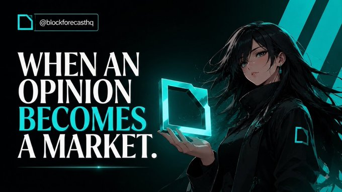 A dark promotional graphic featuring an anime girl holding a teal cube, with text that reads 'WHEN AN OPINION BECOMES A MARKET.' and the handle '@blockforecasthq'.