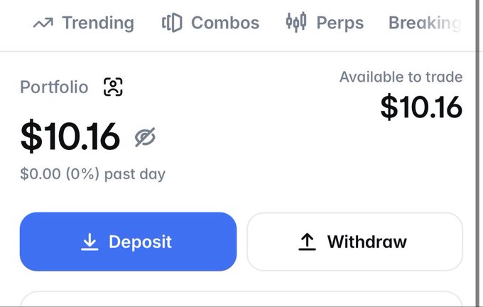 A screenshot of a Polymarket portfolio shows a balance of $10.16 available to trade, matching the poster's $10–$100 weekend challenge starting point after a recent deposit. The interface displays $0.00 (0%) change past day, with Deposit and Withdraw buttons ready for the next move.