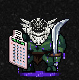 A pixel art illustration depicts a knight in green armor wearing a patterned silver helmet, holding a shield and sword against a dark background.