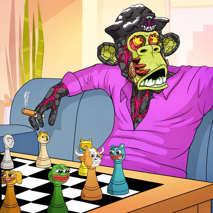 The image features a cartoon character, possibly a monkey or a gorilla, sitting at a table playing chess against other cartoon characters. The scene includes various colored pieces of the game, such as a green pawn, yellow knight, blue bishop, purple king, orange queen, and pink castle. The post is titled "Gm Happy Mutant Monday to all my fellow Apes out there Always down to connect with real ones".