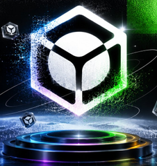 A hexagonal 3D crypto token logo with green and purple particle effects above a glowing circular platform against a black background.