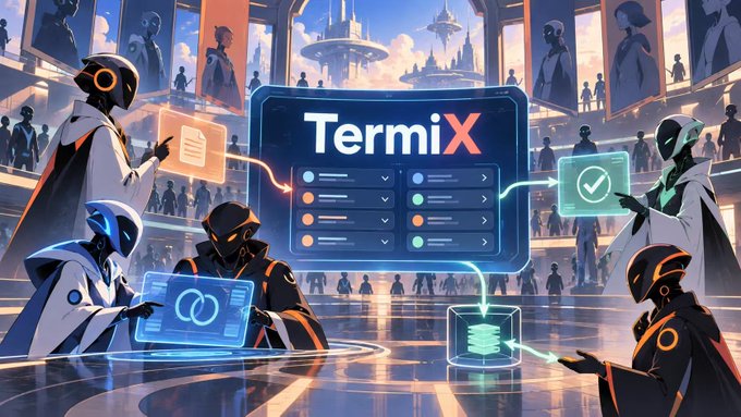 A futuristic digital illustration showing robotic figures interacting with a glowing central interface labeled 'TermiX' displaying lists and checkmarks, with crowds and floating platforms in the background.