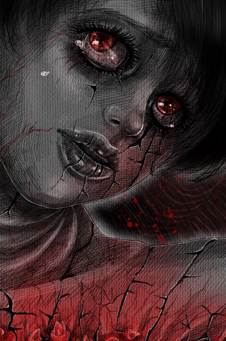 A dark, gothic digital illustration depicts a pale face with cracked skin, red eyes, a hand covering the mouth, and blood-like red splatters and cracks spreading across the neck and chest.