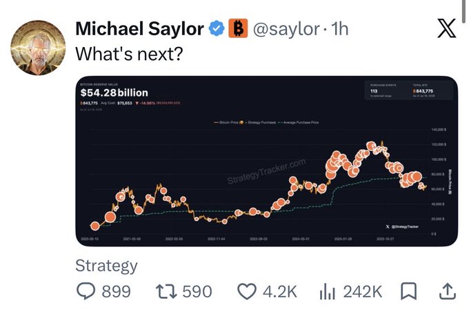 Michael Saylor (@saylor) tweeted "What's next?" alongside a StrategyTracker.com chart showing his company Strategy's holdings at $54.28 billion worth of Bitcoin (113 of 540,715 BTC), with bubble sizes representing Bitcoin Price and dots marked for Strategy Purchases—a teaser likely hinting at "Probably more Bitcoin."