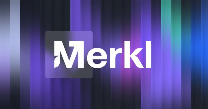 A Merkl logo displayed against a background of vertical blue, purple, and teal gradient stripes.