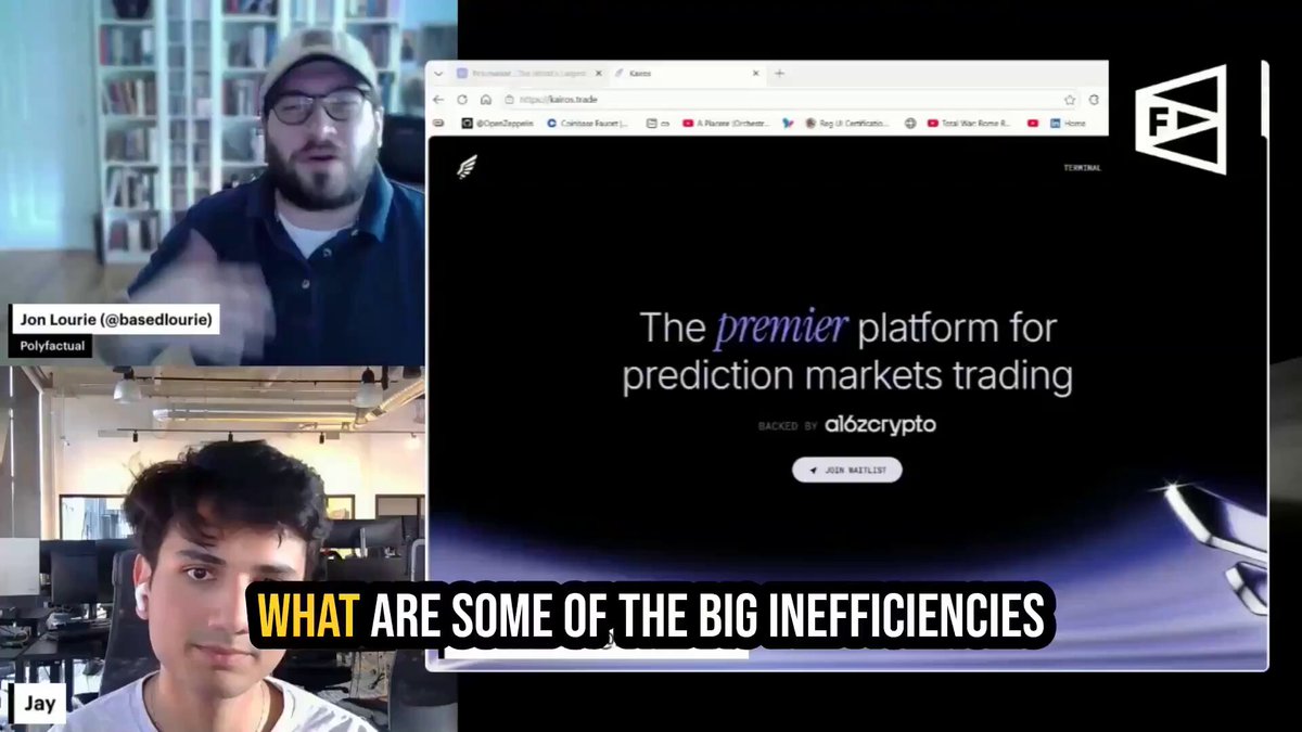 The image shows two men talking about trading strategies, with one man wearing glasses and the other not. The background of the image features a computer screen displaying a website called "The Premier Platform for Prediction Markets Trading", which is likely related to the discussion between the two men.
