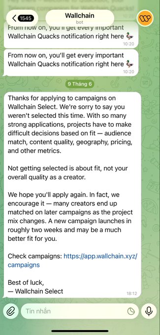 The image shows a screenshot of a text message displayed on a cell phone screen, presumably from a Facebook chat conversation about an application called wallchain. The message is written in a messaging app called WhatsApp, which appears to be an instant messaging service commonly used by friends and family members. The text contains several words like "Wallchain", "app", and "@wallchain". It also mentions that the application was created recently after multiple failed attempts at creating better apps for people.