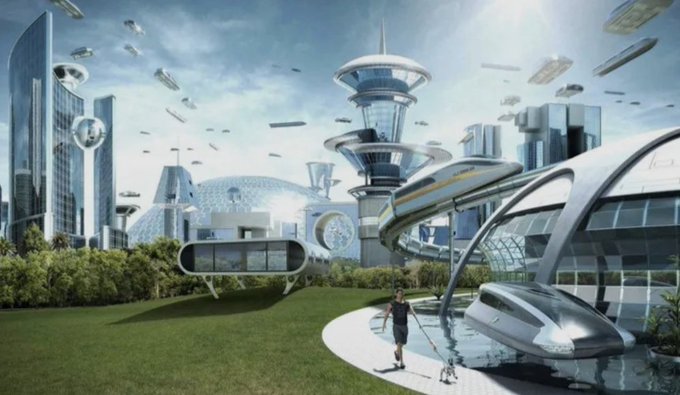 A futuristic sci-fi cityscape featuring sleek towers, dome structures, flying vehicles, and a person jogging with a dog on a curved pathway in a green park area.