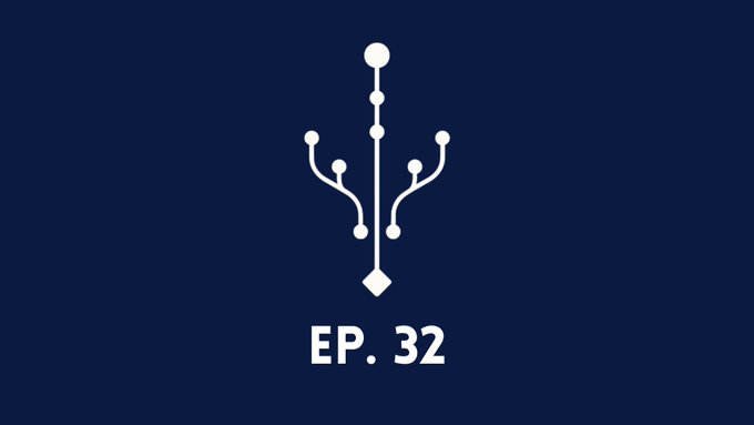 A dark blue background displaying a white geometric circuit-like logo with the text 'EP. 32' underneath.
