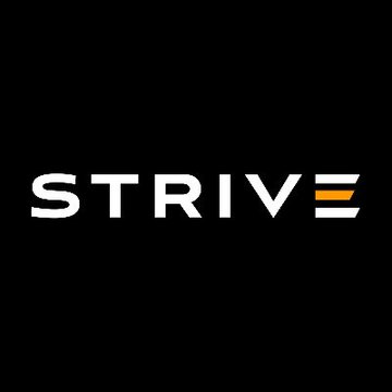 Black logo image with white text 'STRIVE' and an orange equals sign design element on the letter E.