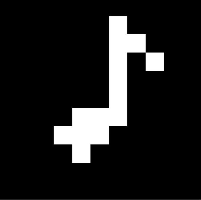 A minimalist white pixelated icon on a black background resembles a stylized, abstract letter or hook shape made of square blocks.