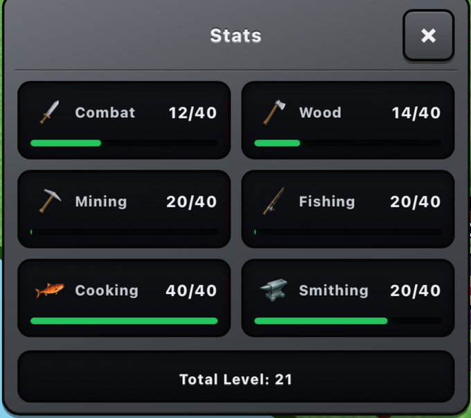 In-game 'Stats' menu showing skill levels: Combat 12/40, Wood 14/40, Mining 20/40, Fishing 20/40, Cooking 40/40, and Smithing 20/40, totaling Level 21.