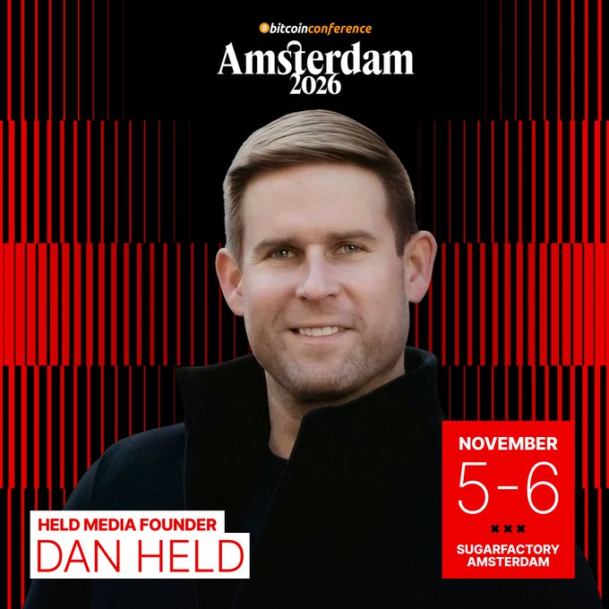 A promotional poster for 'bitcoinconference Amsterdam 2026' featuring a photo of Dan Held, identified as 'Held Media Founder', at SugarFactory Amsterdam on November 5-6.