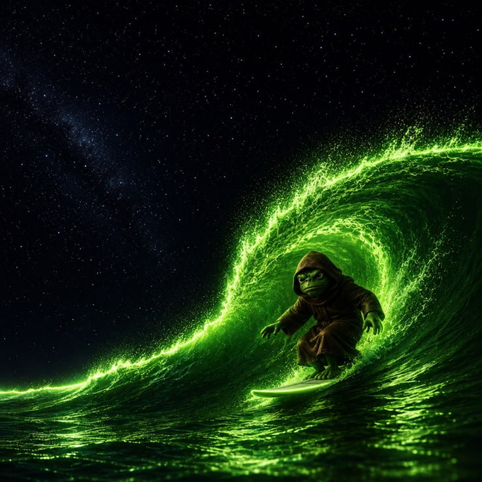 A hooded green surfer rides a glowing neon-green wave under a starry night sky, perfectly capturing the cosmic energy of "Riding the waves" with its surreal, luminous seascape.