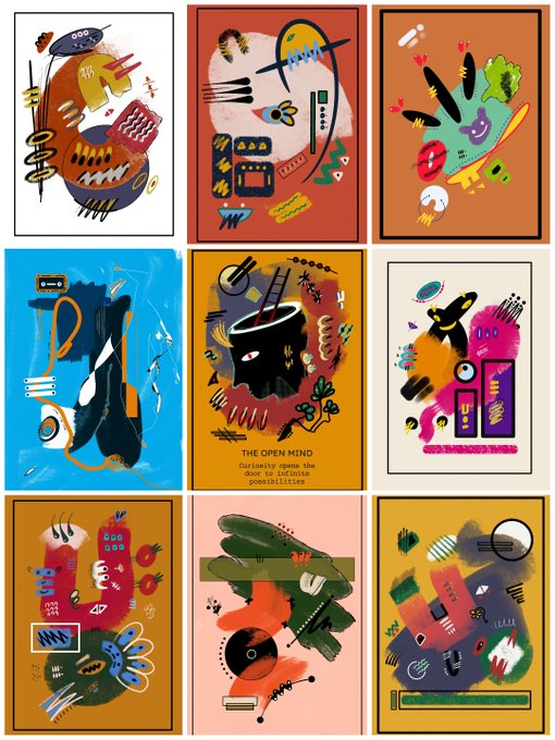 A collection of nine abstract art posters with bold colors and shapes, including one labeled 'THE OPEN MIND' with the text 'Curiosity opens the door to infinite possibilities'.