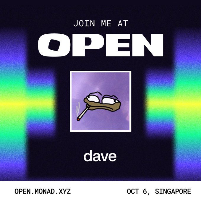 Event flyer for 'OPEN' with psychedelic rainbow gradient background, featuring a cartoon drum character NFT and details 'OPEN.MONAD.XYZ' on 'OCT 6, SINGAPORE'.