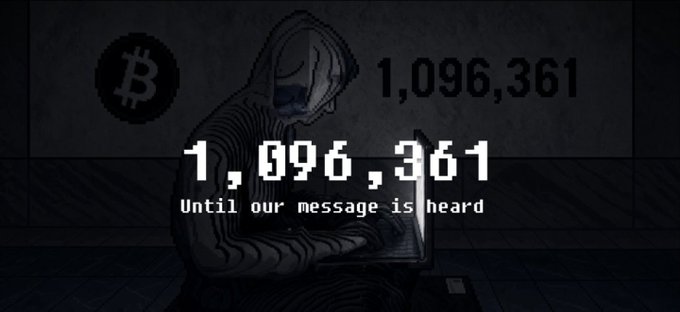 The image shows a hooded figure on a laptop against a dark background, featuring the Bitcoin logo and the prominent number "1,096,361" with the text "Until our message is heard." This visual ties directly to the post about the @1096361BTC project, with the countdown number symbolizing the campaign's mission and the hacker imagery reinforcing the grassroots, defiant tone amid the recent X account suspensions.