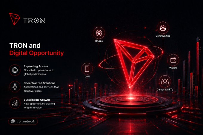 A promotional graphic for the TRON blockchain highlighting 'TRON and Digital Opportunity' with icons for dApps, DeFi, Communities, Wallets, and Games & NFTs.