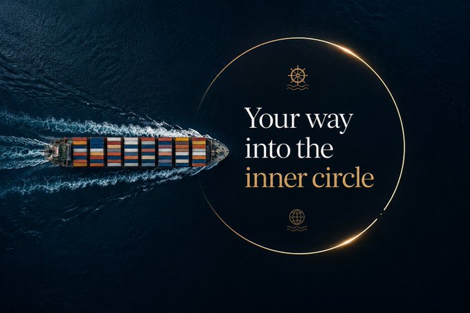An aerial view of a container ship at sea with the text 'Your way into the inner circle' inside a glowing gold circle.