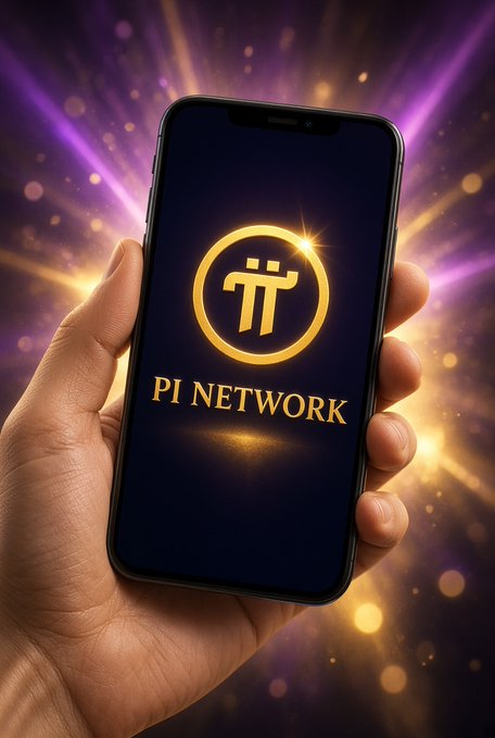 A hand grips a smartphone displaying the 'Pi Network' logo in gold against a black screen, with vibrant purple and orange light effects radiating in the background.