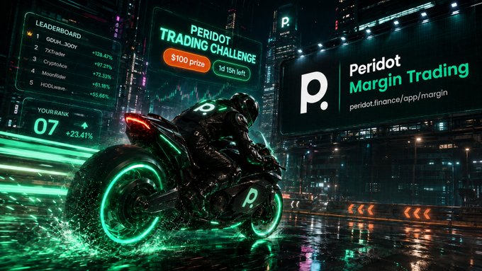 A futuristic promotional banner for 'PERIDOT TRADING CHALLENGE' featuring a glowing green motorcycle rider, a leaderboard showing rank 07 at +23.41%, and 'Peridot Margin Trading' with the URL 'peridot.finance/app/margin'.