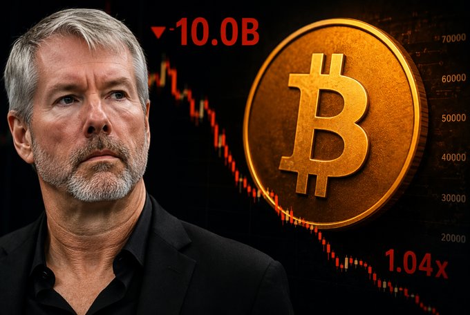 A concerned-looking Michael Saylor is pictured alongside a falling Bitcoin chart and a large gold BTC coin, with red text showing "▼10.0B" and "1.04x" indicating significant losses, visually reinforcing the post's news that Strategy has halted Bitcoin purchases for 8 consecutive weeks despite selling $333.7M in stock.