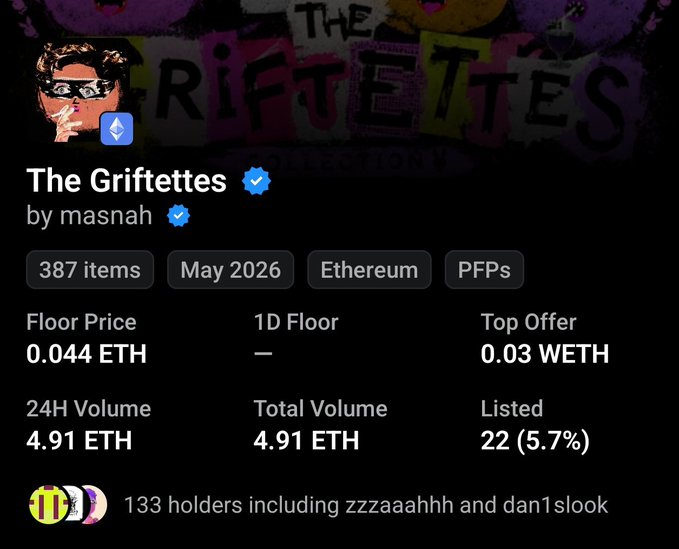 The image shows a social media post that features "The Grifettes" by @LoroMasnah Mint, with price information displayed below. The post emphasizes a limited edition collector's item being available for purchase at 0.006eth. It is an illustration of a man wearing sunglasses and the text indicates it was minted in 2016. The post also highlights that only less than 200 Bitcoins are available for sale.