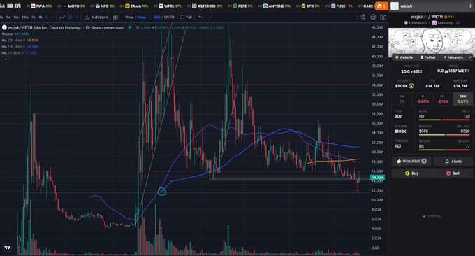 TradingView chart for wsbjak.PYTM on Decentralized showing price action with moving averages, volume data, and order book details for WETH trading pair.