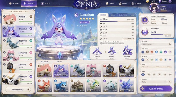 A screenshot from a game called "OMNIA" showing character details for "Lunabun," a Moon/Caster creature at Lv. 29 with stats like HP 122 and Attack 68, along with a party list and other creatures.