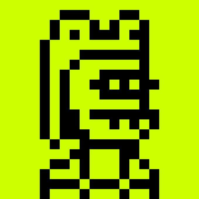 A pixelated black and yellow-green graphic depicting what appears to be a stylized character or robot figure.