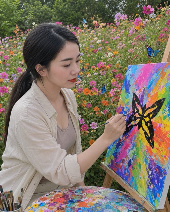 The image features a woman sitting at an easel with paintbrushes and a canvas, creating art. She appears to be painting flowers or butterflies, as there are multiple butterflies visible around her workspace. The background of the image shows a garden filled with colorful flowers, adding to the overall atmosphere of creativity and inspiration.