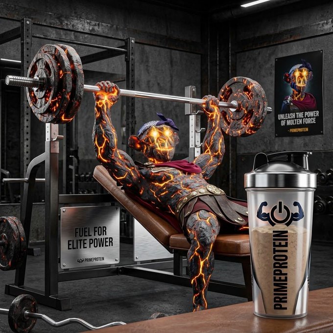 A muscular figure with lava-textured skin lifts a heavy barbell on a bench press in a dark gym, with a protein shaker labeled "PRIMEPROTEIN" in the foreground and signs reading "FUEL FOR ELITE POWER" and "UNLEASH THE POWER OF MOLTEN FORCE."