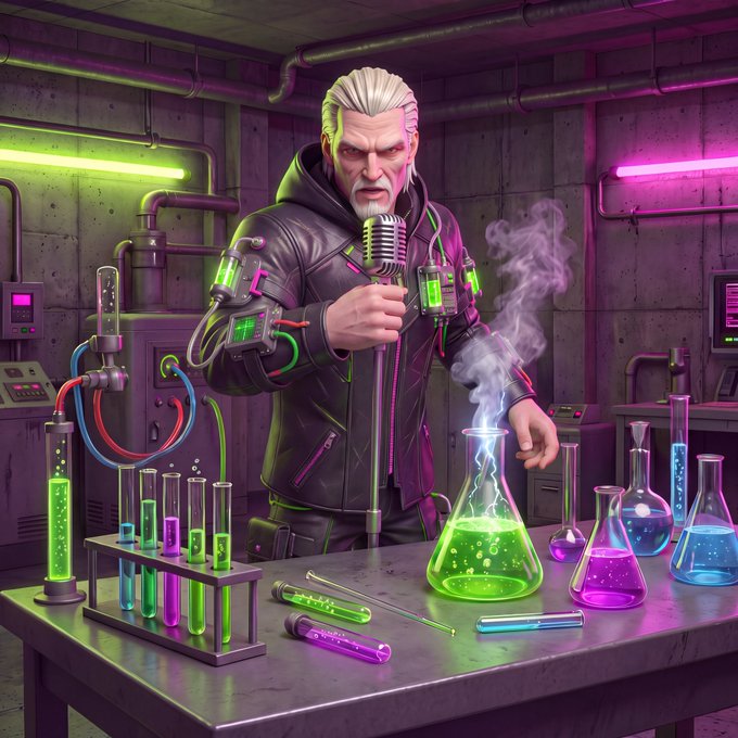 A vibrant, stylized 3D illustration of a grey-haired man in a leather jacket speaking into a vintage microphone, surrounded by laboratory glassware filled with glowing neon green, pink, and blue liquids.