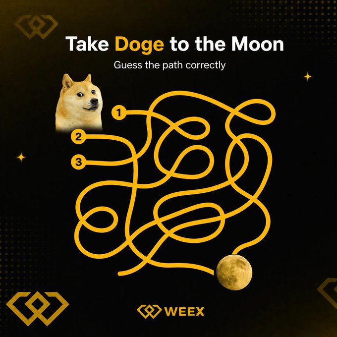 The image features a maze with a yellow rope, where a dog is standing at the end of the rope. The caption reads "Take Doge to the Moon" and provides three options for taking the path correctly. A website link is also provided in the bottom right corner that says "#WEEXQuiz Giveaway Win #lucky winners to share!".